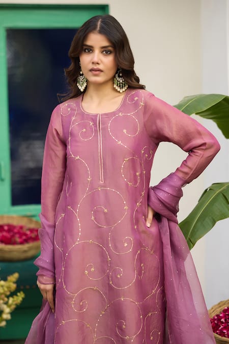 Buy_Trendy Tokari_Purple Tissue, Cotton, Organza Embroidery Thread Kurta Set _Online_at_Aza_Fashions