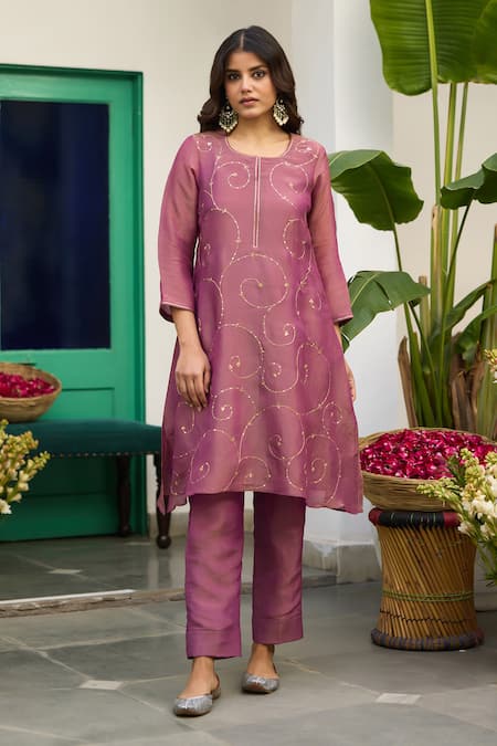 Shop_Trendy Tokari_Purple Tissue, Cotton, Organza Embroidery Thread Kurta Set _Online_at_Aza_Fashions