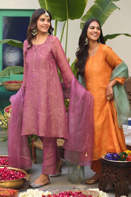 Buy_Trendy Tokari_Purple Tissue, Cotton, Organza Embroidery Thread Kurta Set 