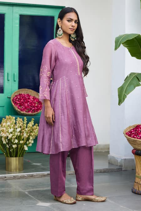 Trendy Tokari_Purple Silk, Chanderi, Cotton, Organza Embroidery Straight Kurta Set _Online_at_Aza_Fashions