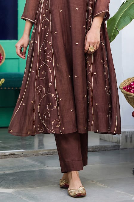 Trendy Tokari_Brown Silk, Chanderi, Cotton, Organza Embroidery Kurta Set _Online_at_Aza_Fashions