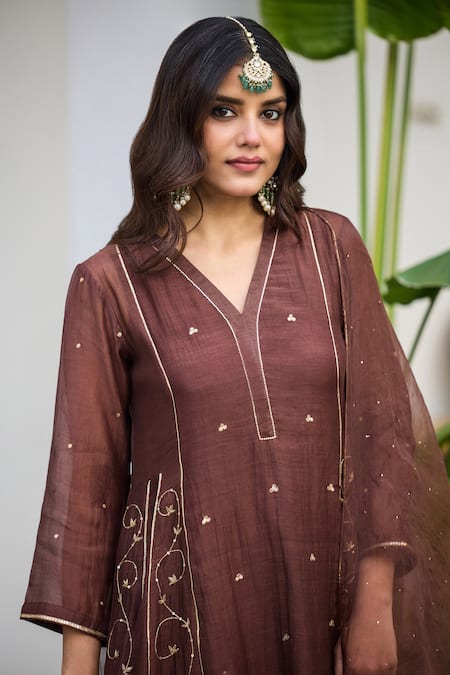 Shop_Trendy Tokari_Brown Silk, Chanderi, Cotton, Organza Embroidery Kurta Set _Online_at_Aza_Fashions