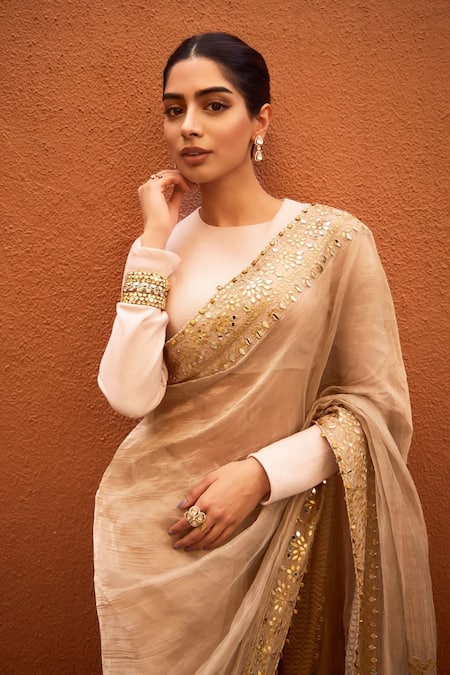 Itrh_Gold Chanderi Silk, Tissue, Lampi Embroidery, Gaja Kavya Saree With Blouse _Online_at_Aza_Fashions