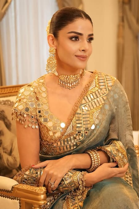 Shop Itrh Green Chanderi Silk, Tissue, Lampi Sheesh Neel Saree With Embellished Blouse Online at Aza Fashions Shop_Itrh_Green Chanderi Silk, Tissue, Lampi Sheesh Neel Saree With Embellished Blouse _Online_at_Aza_Fashions