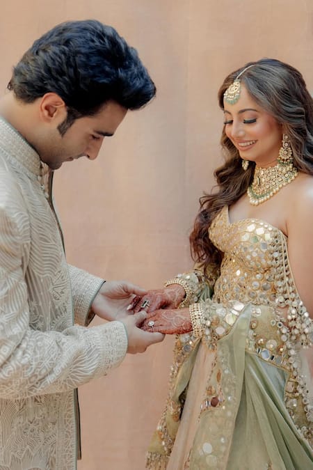 Buy_Itrh_Gold Chanderi, Tissue Mirrors, Embroidery, Gota Nagma Work Corset Lehenga Set _Online_at_Aza_Fashions