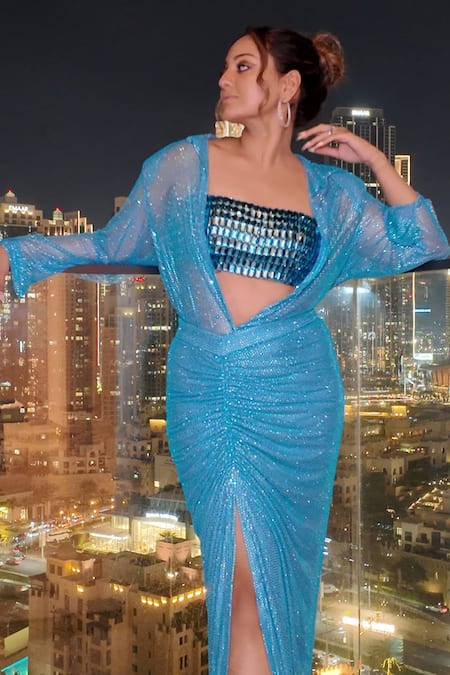 Itrh_Blue Net Crystals Embellished Shirt Skirt Set _Online_at_Aza_Fashions