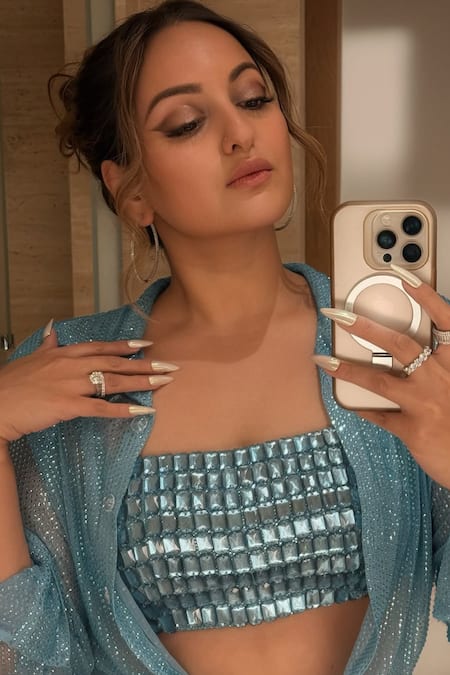 Itrh_Blue Net Crystals Embellished Shirt Skirt Set _at_Aza_Fashions