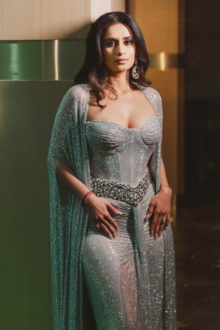 Itrh Silver Blaze Embellished Cape Skirt Set 