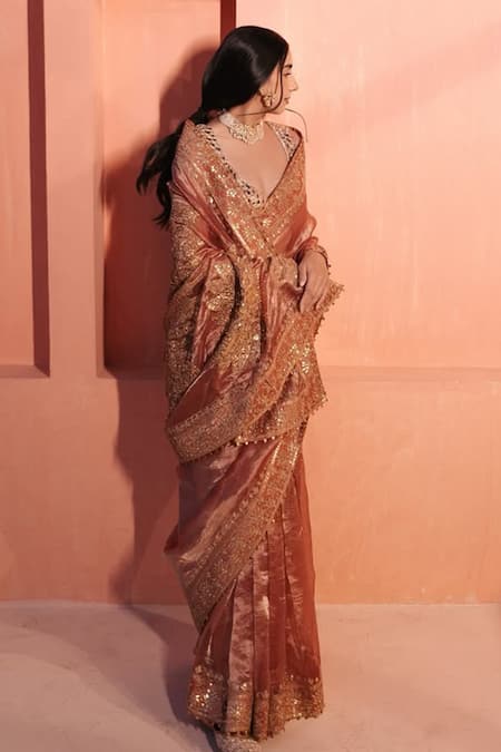 Itrh Rose Gold Chanderi Silk, Tissue, Lampi, Mayur Shilp Work Saree With Blouse Online at Aza Fashions Itrh_Rose Gold Chanderi Silk, Tissue, Lampi, Mayur Shilp Work Saree With Blouse _Online_at_Aza_Fashions