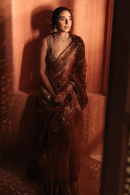 Buy Itrh Rose Gold Chanderi Silk, Tissue, Lampi, Mayur Shilp Work Saree With Blouse Online at Aza Fashions Buy_Itrh_Rose Gold Chanderi Silk, Tissue, Lampi, Mayur Shilp Work Saree With Blouse _Online_at_Aza_Fashions