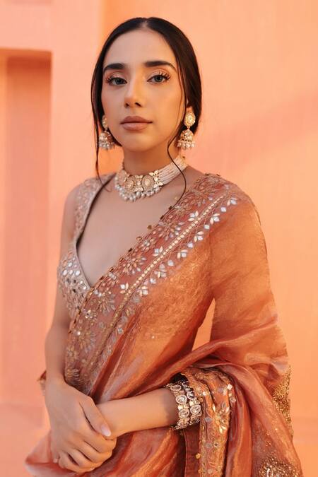 Shop Itrh Rose Gold Chanderi Silk, Tissue, Lampi, Mayur Shilp Work Saree With Blouse Shop_Itrh_Rose Gold Chanderi Silk, Tissue, Lampi, Mayur Shilp Work Saree With Blouse