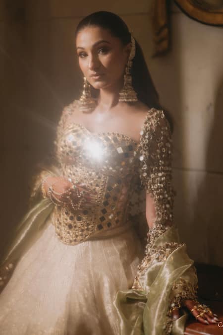 Itrh_Gold Chanderi, Tissue Mirrors, Gota Patti Nagma Work Lehenga Set _Online_at_Aza_Fashions