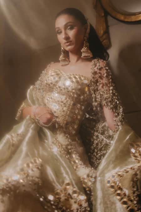Buy_Itrh_Gold Chanderi, Tissue Mirrors, Gota Patti Nagma Work Lehenga Set _Online_at_Aza_Fashions