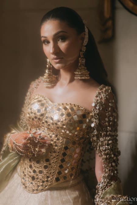 Shop_Itrh_Gold Chanderi, Tissue Mirrors, Gota Patti Nagma Work Lehenga Set _Online_at_Aza_Fashions