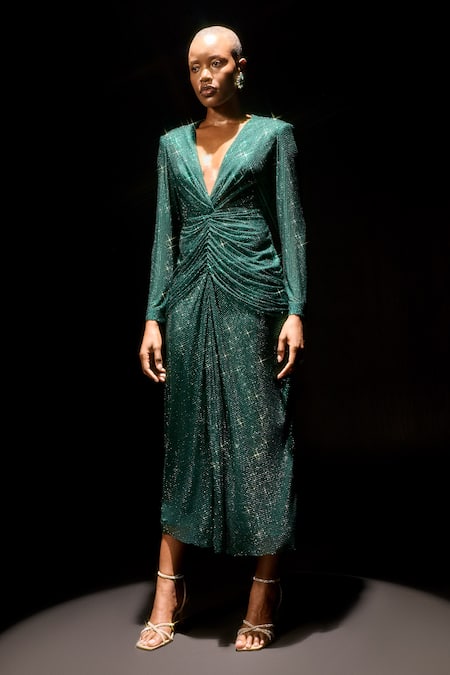 Itrh Emerald Green Net Sequins Seraphina Draped Gown Online at Aza Fashions Itrh_Emerald Green Net Sequins Seraphina Draped Gown _Online_at_Aza_Fashions