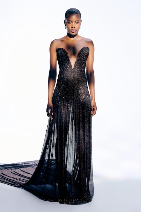 Itrh_Brown Net Crystals Araminta Torso Ruched Gown _Online_at_Aza_Fashions