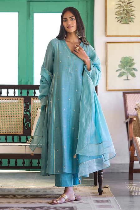 Buy_Trendy Tokari_Sky Blue Silk, Chanderi, Cotton Embroidery Kurta Set _Online_at_Aza_Fashions