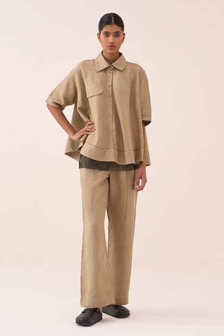 Shop_Three_Beige Linen Wide Hem Shirt 