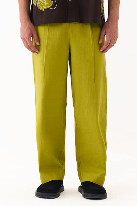 Buy_Three_Green Cotton Handwoven Front Pleat Pant 