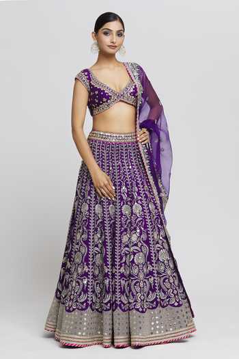 Shop_Gopi Vaid_Purple Tussar, Organza Sequins, Embroidery, Sacchi Stripe Bridal Lehenga Set_Online_at_Aza_Fashions