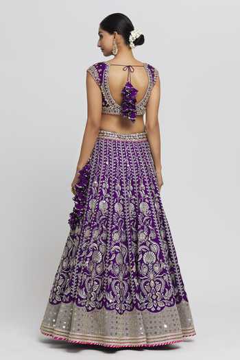 Gopi Vaid_Purple Tussar, Organza Sequins, Embroidery, Sacchi Stripe Bridal Lehenga Set_at_Aza_Fashions