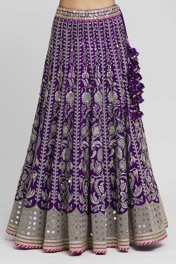Buy_Gopi Vaid_Purple Tussar, Organza Sequins, Embroidery, Sacchi Stripe Bridal Lehenga Set