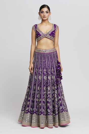 Shop_Gopi Vaid_Purple Tussar, Organza Sequins, Embroidery, Sacchi Stripe Bridal Lehenga Set