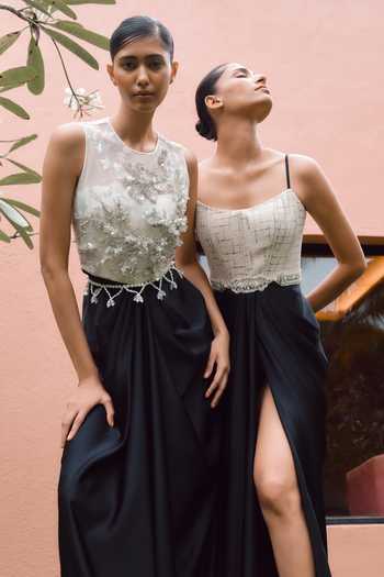 Buy Dilnaz Ivory Tweed, Polyester, Satin, Net Embroidery, Corset Jewel Belt Draped Gown Online at Aza Fashions Buy_Dilnaz_Ivory Tweed, Polyester, Satin, Net Embroidery, Corset Jewel Belt Draped Gown _Online_at_Aza_Fashions