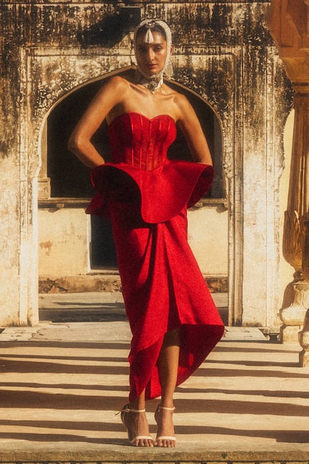 Jayanti Reddy Silk Asymmetric Peplum Corset & Skirt Set 