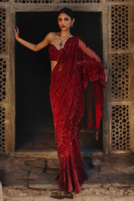 Jayanti Reddy Aurora Bead Embroidered Saree & Bustier Set 