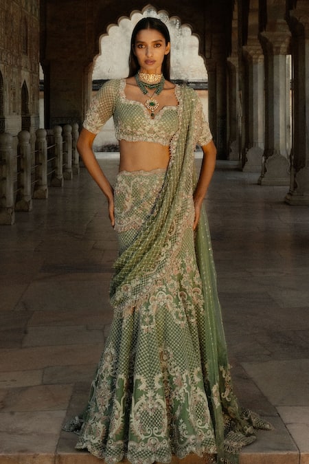 Jayanti Reddy Thread & Pearl Embroidered Fishcut Lehenga Set 