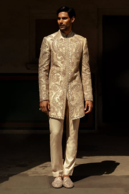 Jayanti Reddy Noir Embroidered Raw Silk Sherwani & Pant Set 