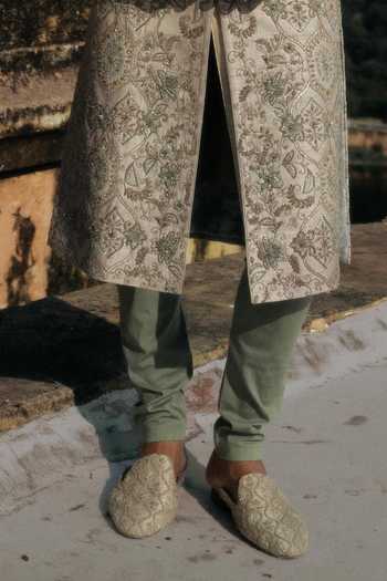 JAYANTI REDDY_Beige Silk Zari, Stones Arden Zardozi Raw Sherwani And Churidar Set _Online_at_Aza_Fashions
