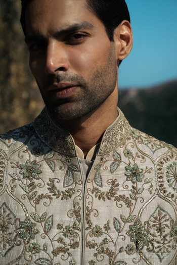 Buy_JAYANTI REDDY_Beige Silk Zari, Stones Arden Zardozi Raw Sherwani And Churidar Set _Online_at_Aza_Fashions