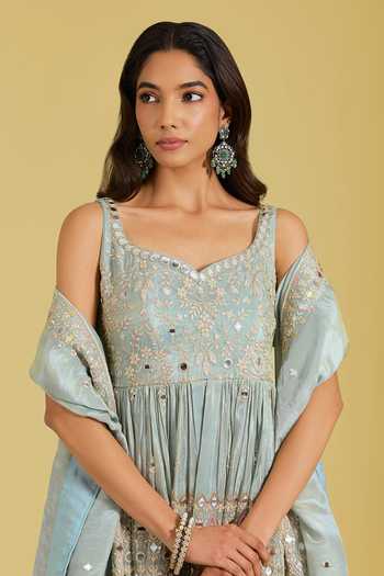 Buy_Meenagurnam_Blue Tissue Zari, Mirrors Sweetheart Flower Jaal Work Peplum Kurta Gharara Set _Online_at_Aza_Fashions