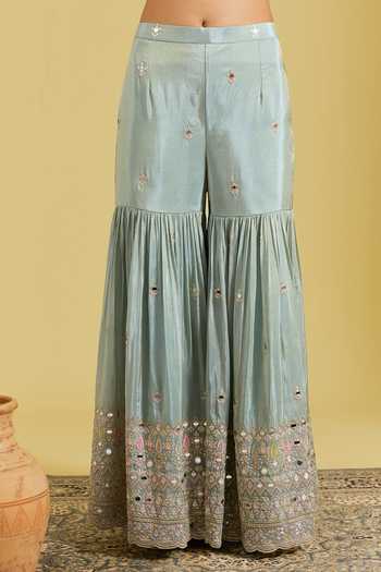 Shop_Meenagurnam_Blue Tissue Zari, Mirrors Sweetheart Flower Jaal Work Peplum Kurta Gharara Set _Online_at_Aza_Fashions