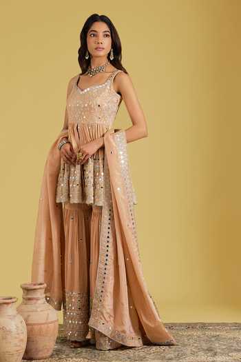 Meenagurnam Peach Tissue Embroidery, Zari, Mirrors Flower Jaal Peplum Kurta And Gharara Set Online at Aza Fashions Meenagurnam_Peach Tissue Embroidery, Zari, Mirrors Flower Jaal Peplum Kurta And Gharara Set _Online_at_Aza_Fashions