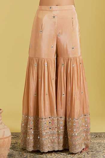 Buy Meenagurnam Peach Tissue Embroidery, Zari, Mirrors Flower Jaal Peplum Kurta And Gharara Set Online at Aza Fashions Buy_Meenagurnam_Peach Tissue Embroidery, Zari, Mirrors Flower Jaal Peplum Kurta And Gharara Set _Online_at_Aza_Fashions