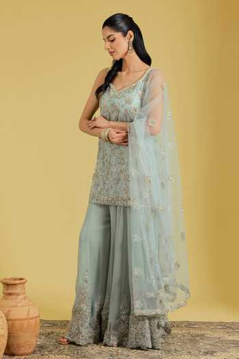 Meenagurnam_Green Net, Georgette Embroidery, Sequins, Beads Flower Jaal Kurta Sharara Set _Online_at_Aza_Fashions