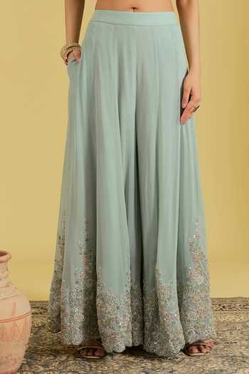Buy_Meenagurnam_Green Net, Georgette Embroidery, Sequins, Beads Flower Jaal Kurta Sharara Set _Online_at_Aza_Fashions