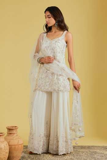Meenagurnam_Ivory Georgette, Net Embroidery, Sequins, Beads Floral Jaal Kurta And Sharara Set _Online_at_Aza_Fashions
