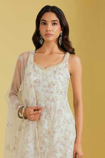 Shop_Meenagurnam_Ivory Georgette, Net Embroidery, Sequins, Beads Floral Jaal Kurta And Sharara Set _Online_at_Aza_Fashions