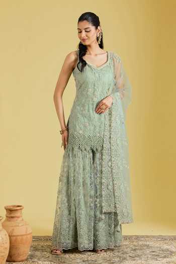 Meenagurnam_Green Tissue Embroidery, Sequins, Cut Work Floral Jaal Resham Kurta Gharara Set _Online_at_Aza_Fashions