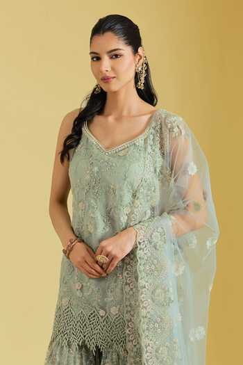 Buy_Meenagurnam_Green Tissue Embroidery, Sequins, Cut Work Floral Jaal Resham Kurta Gharara Set _Online_at_Aza_Fashions