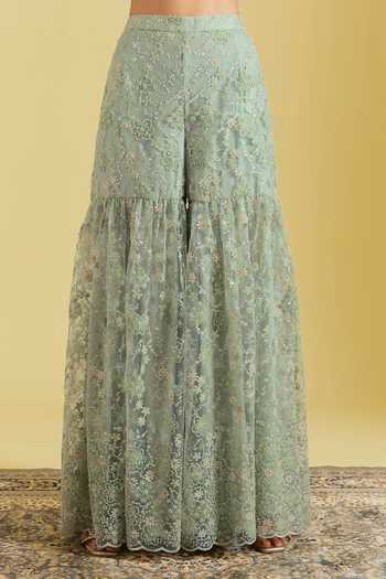 Shop_Meenagurnam_Green Tissue Embroidery, Sequins, Cut Work Floral Jaal Resham Kurta Gharara Set _Online_at_Aza_Fashions