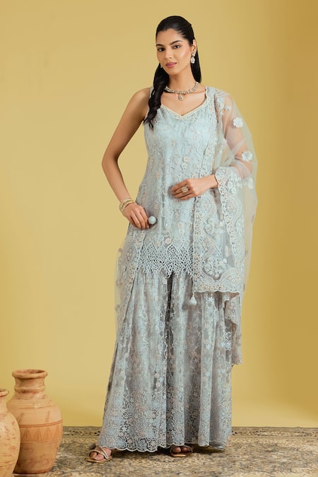 Meenagurnam Floral Resham Embroidered Kurta Gharara Set 