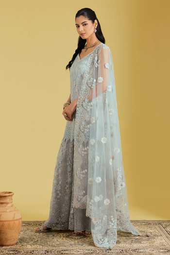 Meenagurnam_Grey Tissue Sequins, Cut Work V-neck Floral Resham Embroidered Kurta Gharara Set _Online_at_Aza_Fashions