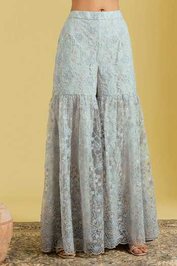 Buy_Meenagurnam_Grey Tissue Sequins, Cut Work V-neck Floral Resham Embroidered Kurta Gharara Set _Online_at_Aza_Fashions