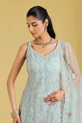 Shop_Meenagurnam_Grey Tissue Sequins, Cut Work V-neck Floral Resham Embroidered Kurta Gharara Set _Online_at_Aza_Fashions