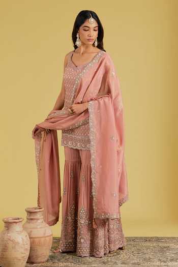 Meenagurnam_Peach Tissue Sequins, Beads, Pearls Embellished Straight Kurta Gharara Set _Online_at_Aza_Fashions
